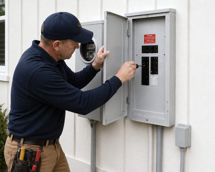 Electrician performing an electrical panel upgrade to support a pool heat pump installation in Walnut Creek, CA